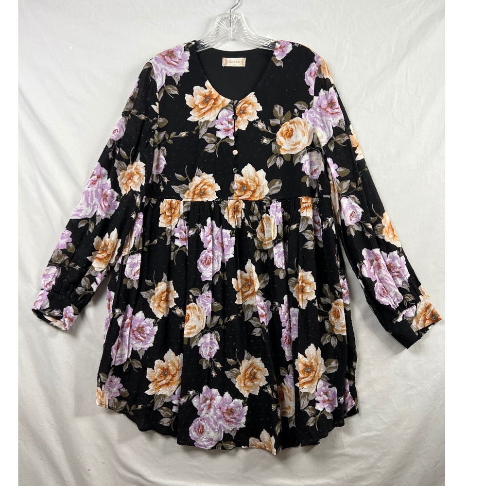 Altar'd State Floral Babydoll Dress Women L Black Purple Orange Swiss Dot Boho